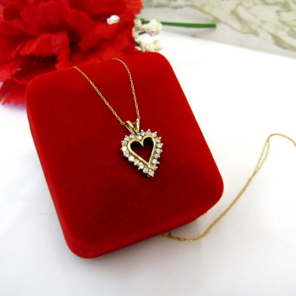 Diamond Heart Pendant Necklace Solid 10k Yellow Gold Genuine Natural Real - Picture 3 of 10